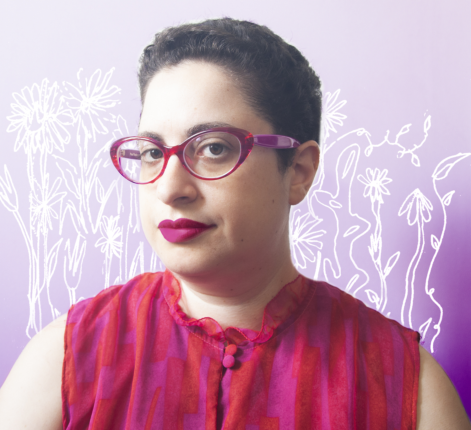 a self-portrait of Anna Jacobson wearing bright magenta-red glasses with purple and a matching coloured dress, against a lilac background of her drawing of flowers.